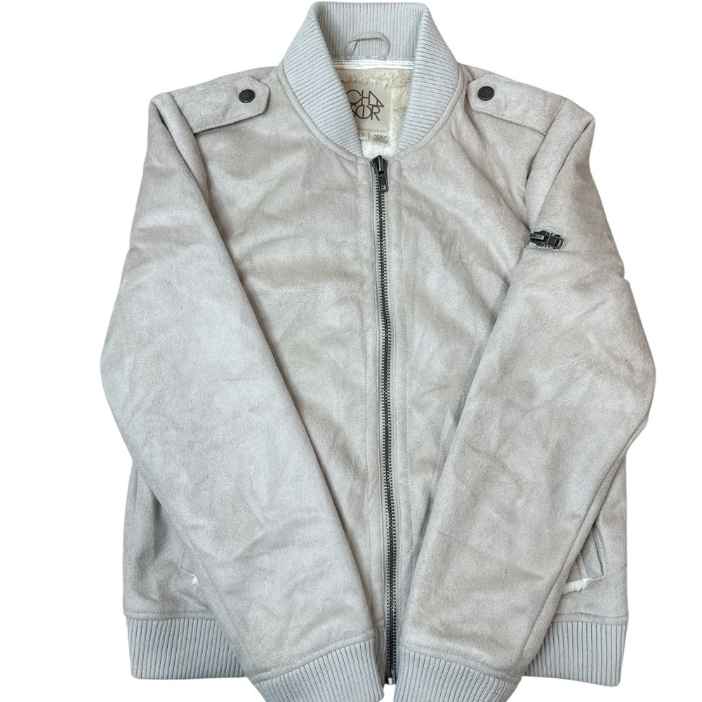 Chaser Faux Fur Faux Suede Beige Zip Up Bomber Jacket Size Small